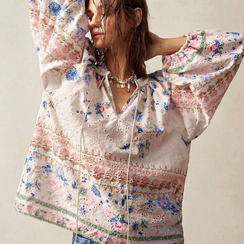 Boho Women's Plus Size Floral Print Hollow Out Embroidered Lantern Sleeve top - Picture 5 of 7